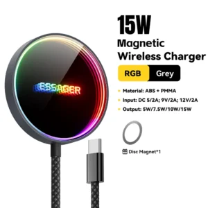 ESSAGER Magnetic Wireless Charger with RGB Fast Charging for iPhone 13-17 Models - Gray