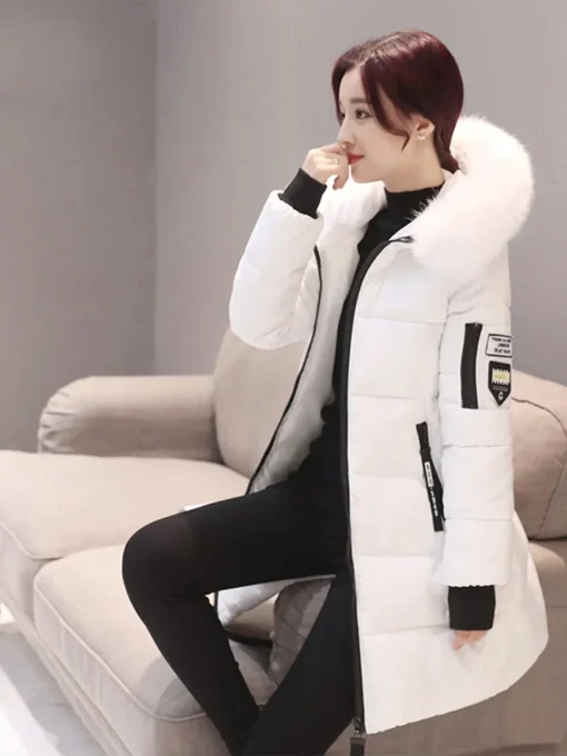 Hooded Parka with Fur Collar - Elegant Long Winter Jacket for Women with Zipper Pockets - Image 2