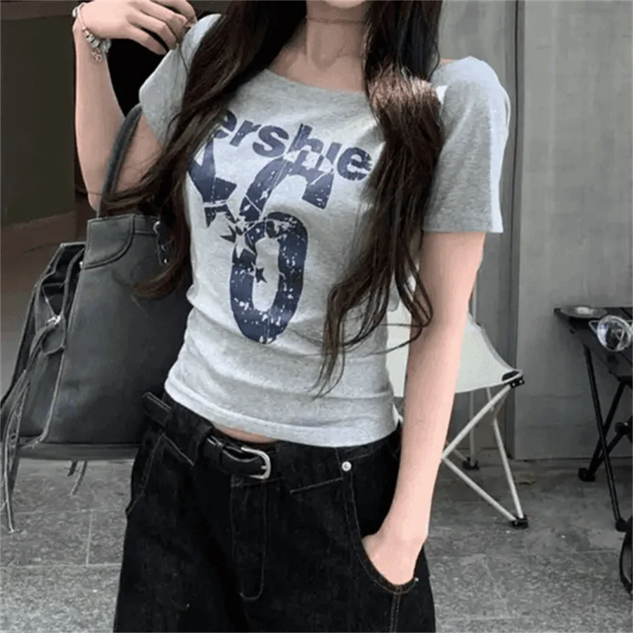 Y2k Sport Summer Off shoulder Top Women Letter Sexy Vintage 2000s Short sleeve T shirt Lady Body Basic Crop Top Female Casual - Image 5