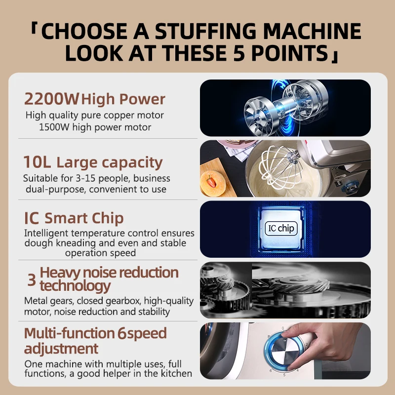 SUNATUR 10L 2200W Stand Mixer - Automatic Dough Kneader and Blender - Image 5