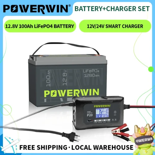 POWERWIN 12V 100Ah LifePO4 Battery with Smart LCD Charger
