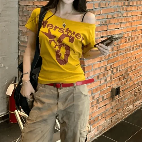 Alternative view of Y2k Sport Summer Off shoulder Top Women Letter Sexy Vintage 2000s Short sleeve T shirt Lady Body Basic Crop Top Female Casual