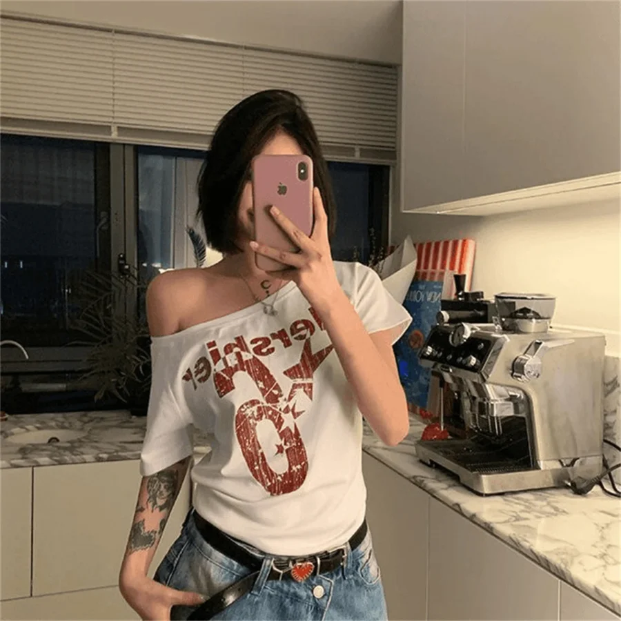 Y2k Sport Summer Off shoulder Top Women Letter Sexy Vintage 2000s Short sleeve T shirt Lady Body Basic Crop Top Female Casual - Image 6