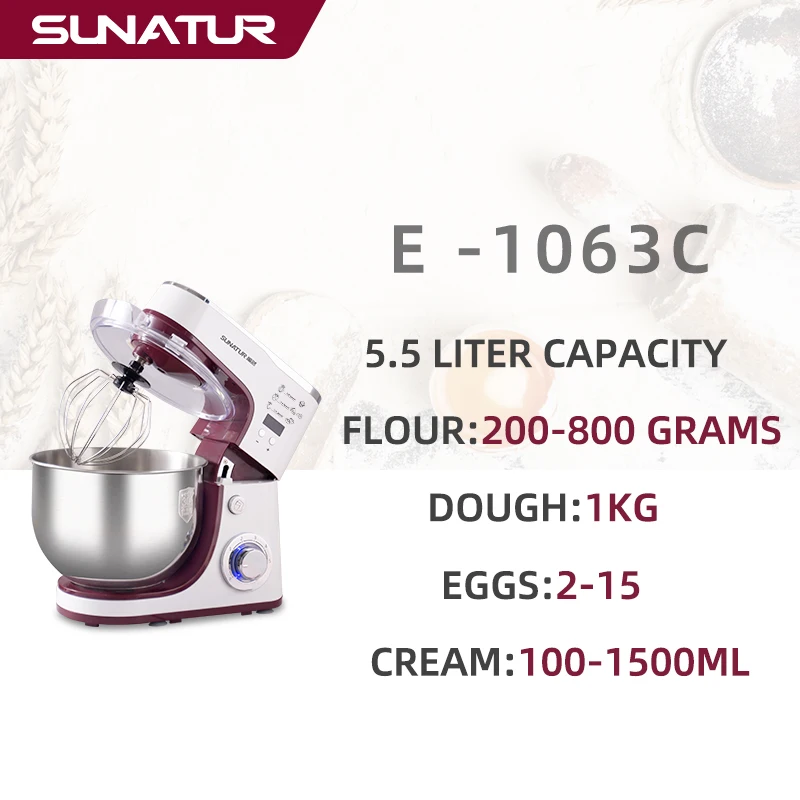 SUNATUR 5.5L Stand Mixer - 1300W Planetary Food Processor with Timer and Dough Kneader - Image 2
