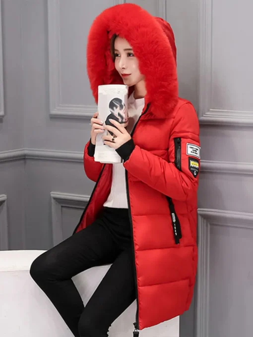 Hooded Parka with Fur Collar - Elegant Long Winter Jacket for Women with Zipper Pockets - Image 6