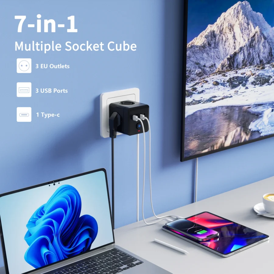 7-in-1 EU Power Strip, Power Strip Surge Protector 3 AC Outlets 3 USB 1 Type-C, Desktop Charging Station With Overload Protecti - Image 4