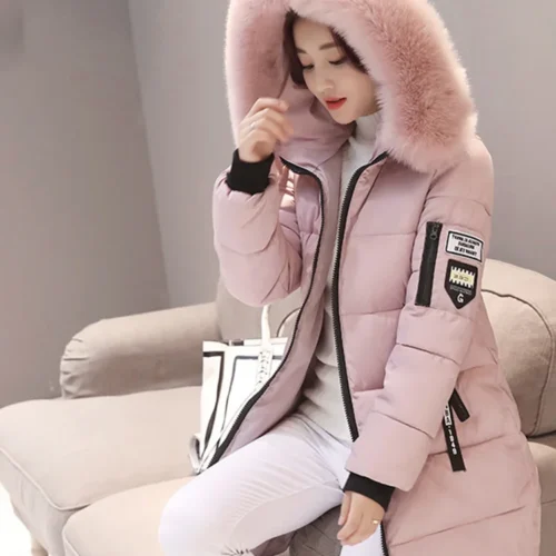 Women's Fur Collar Hooded Parka - Elegant Long Winter Jacket with Zipper Pockets
