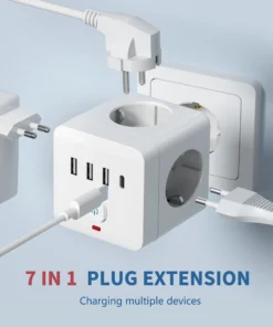 7-in-1 EU Power Strip, Power Strip Surge Protector 3 AC Outlets 3 USB 1 Type-C, Desktop Charging Station With Overload Protecti