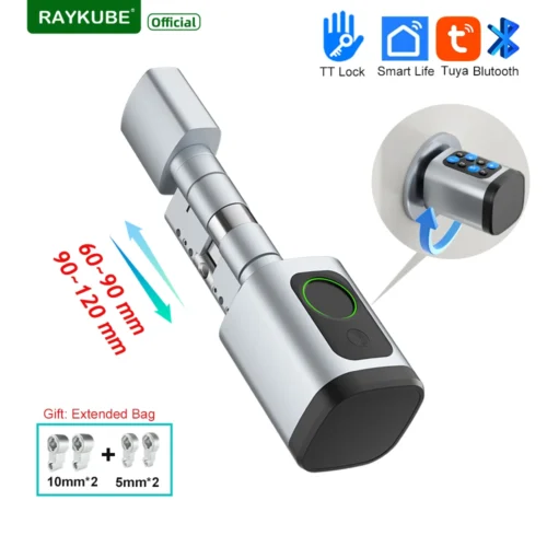 RAYKUBE Smart Fingerprint Cylinder Lock - Adjustable with Bluetooth, App, Password, and RFID Unlock Options