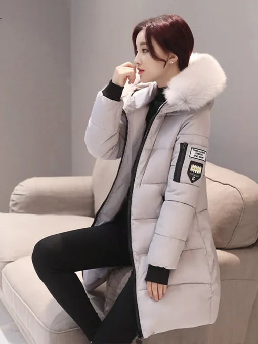 Hooded Parka with Fur Collar - Elegant Long Winter Jacket for Women with Zipper Pockets - Image 5