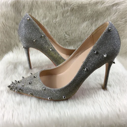Alternative view of Silver 12cm high heels women pumps sexy women's ladies stiletto pointed toe with rivet wedding shoes MD016 ROVICIYA