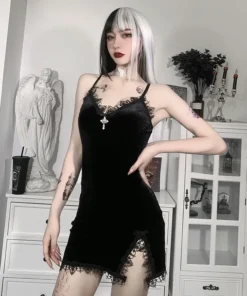 Alternative view of Dark Cross Black Mini Dress - Vintage Spaghetti Strap High Waist with Slit for Women