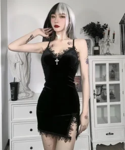 Dark Cross Black Mini Dress - Vintage Spaghetti Strap High Waist with Slit for Women