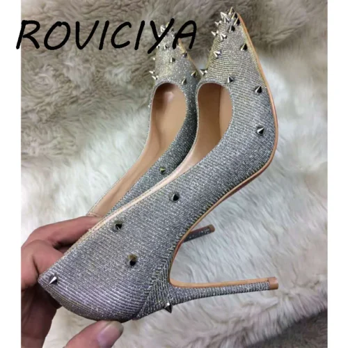 Silver 12cm high heels women pumps sexy women's ladies stiletto pointed toe with rivet wedding shoes MD016 ROVICIYA