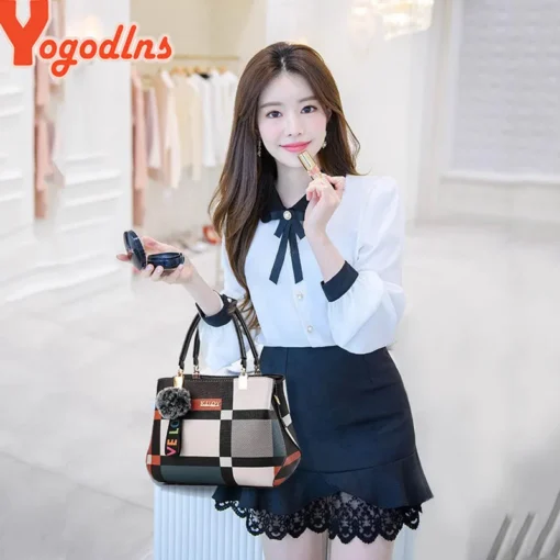 Luxury Handbag with Stitching Design and Plaid Pattern for Women - Image 3
