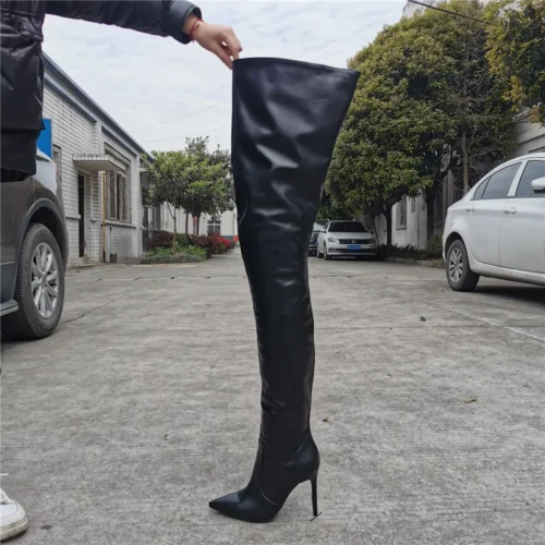 Paris Stiletto Leather Women Thigh High Crotch Dance Boots Pointed Toe Sexy Ladies High Heel Runway Trendy Shoe Woman Overknee