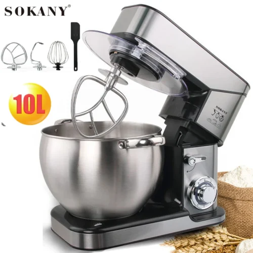 220V 10L Stainless Steel Planetary Mixer with 6 Speeds for Dough, Cake, and Milk Frothing