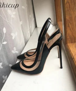Tikicup Transparent Patchwork Summer Women Black Slingback High Heel Shoes Sexy Ladies Pointy Toe Stiletto Pumps 8cm 10cm 12cm