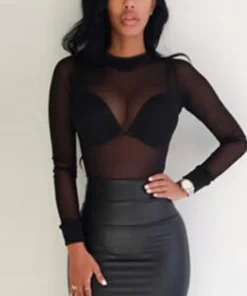 Sexy Women T Shirt See Through Transparent Mesh Tops Long Sleeve Sheer Slim Ladies Turtleneck T-Shirt