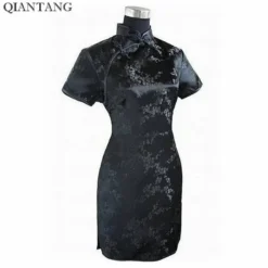 Black Satin Qipao Dress - Floral Mini Cheongsam in Sizes S to 6XL for Women