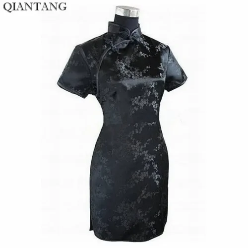 Black Satin Chinese Qipao Dress for Women - Floral Mini Cheongsam, Sizes S to 6XL