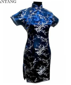 Alternative view of Black Satin Chinese Qipao Dress for Women - Floral Mini Cheongsam, Sizes S to 6XL