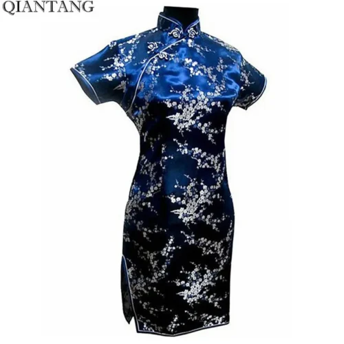 Alternative view of Black Satin Chinese Qipao Dress for Women - Floral Mini Cheongsam, Sizes S to 6XL