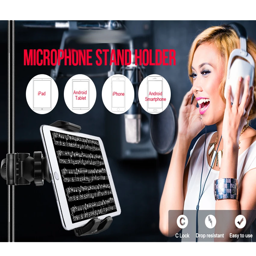 ABC Tablet and Phone Holder for Microphone Stand, Compatible with Apple iPad and iPhone (4.5-12.9") - Image 6