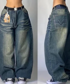 Alternative view of Harajuku Retro High Waist Baggy Jeans for Women - Washed Blue with Pockets