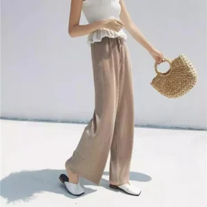 Wide Leg Pleated Trousers for Women - Ice Silk, Elastic Waist, Loose Fit - khaki, One Size
