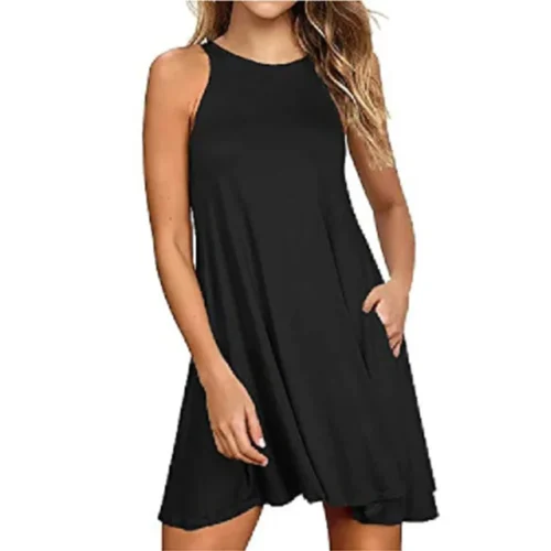 Women's Summer Casual Pleated T-Shirt Dress with Pockets