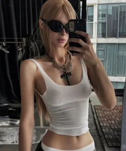 Alternative view of Solid Color Tank Top See Through Mesh Crop Tops Women Edgy Clothes Y2k Accessories Sleeveless Ropa Mujer Cute