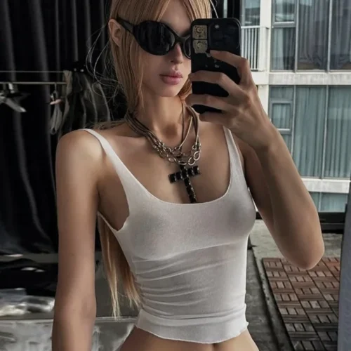 Alternative view of Solid Color Tank Top See Through Mesh Crop Tops Women Edgy Clothes Y2k Accessories Sleeveless Ropa Mujer Cute