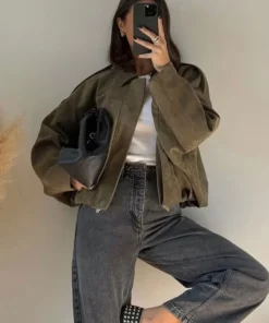 HH Women’s Casual Suede Bomber Jacket - Brown/Green