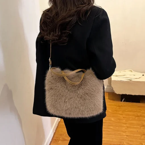 Faux Fur Tote Bag with Bucket Design for Women’s Stylish Winter Use - Image 3