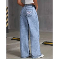 Alternative view of High-Waisted Wide Leg Denim Jeans with Bow Embroidery for Women