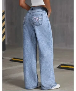 Alternative view of High-Waisted Wide Leg Denim Jeans with Bow Embroidery - Women's Casual Trousers
