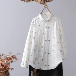 Cotton Yarn White Floral Print Long Sleeve Blouse with Japanese Buttons for Women