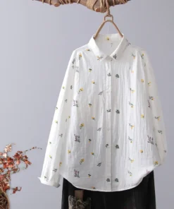 Cotton Yarn White Floral Print Long Sleeve Tops Women Shirt 2026 Japanese Buttons Up Ladies Office Blouse Female Clothes
