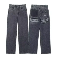 Alternative view of High Waist Distressed Denim Jeans with Blue Patchwork Ripped Design for Women