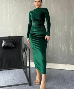 Alternative view of Dulzura 2024 Spring Summer Velvet Long Sleeve Midi Dress For Women Ruched Long Dress Elegant Party Clothes Evening Green Outfits