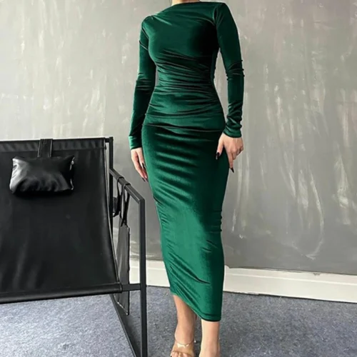 Alternative view of Dulzura 2024 Spring Summer Velvet Long Sleeve Midi Dress For Women Ruched Long Dress Elegant Party Clothes Evening Green Outfits