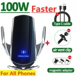 100W Wireless Car Charger with Magnetic Phone Holder for iPhone 11-15, Xiaomi, and Samsung