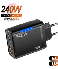 240W GaN USB-C Fast Charger - 5-in-1 Power Adapter for iPhone, Samsung, Xiaomi, EU/US Plug