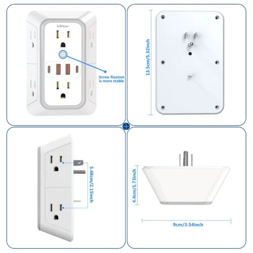 Alternative view of US Plug Power Strip with 6 AC Outlets 4 USB Port(2 Type C), Multi Socket Wall Socket Universal Network Filter Fast Charging