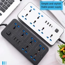 Universal Power Strip with Type-C USB Ports and 2M Extension Cord for EU, US, UK Plugs