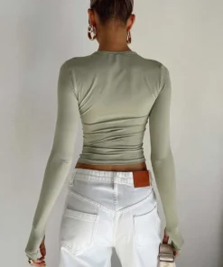 Alternative view of Fashion Women T-shirt Long Sleeve Crew Neck Solid Slim Fit Ladies Crop Top with Thumb Holes for Daily Streetwear Summer Camis