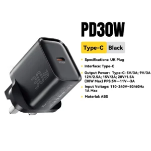 Essager 30W PD 3.0 USB-C Charger with Fast Charging for iPhone, Samsung, Huawei, and iPad - 30W Black UK Plug