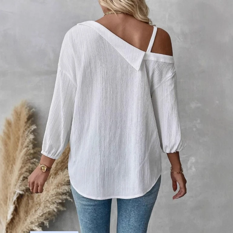 Women’s Off Shoulder Asymmetrical Blouse with Pocket for Spring Summer Casual Wear - Image 4