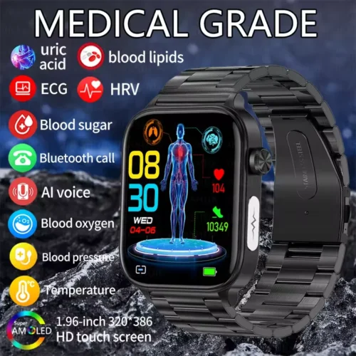 AI Medical Smartwatch for Men – Blood Lipids, Uric Acid, Blood Glucose, ECG, PPG, Bluetooth Call